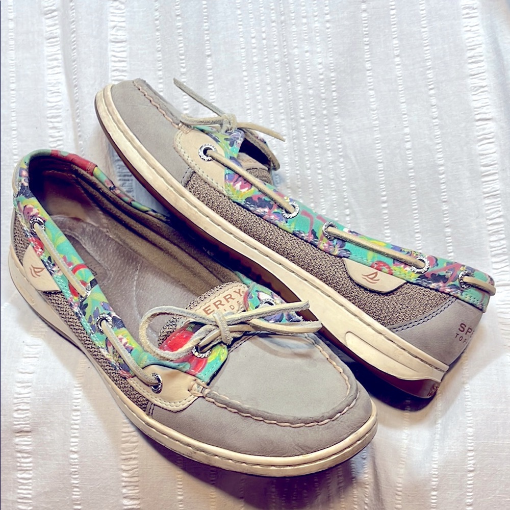 EXC Sperry Top-Sider Angelfish Boat Shoes Floral Trim Leather Deck Women’s 8.5